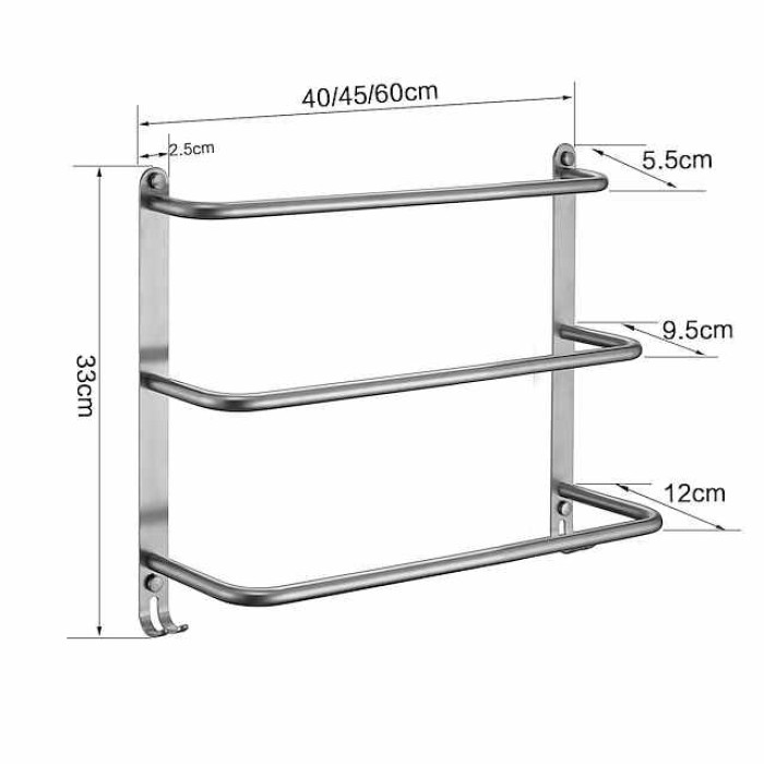 Bathroom Three-layer Shelf with Hooks Stainless Steel Multi-function Towel Rack Polished Silver and Brushed 1pc