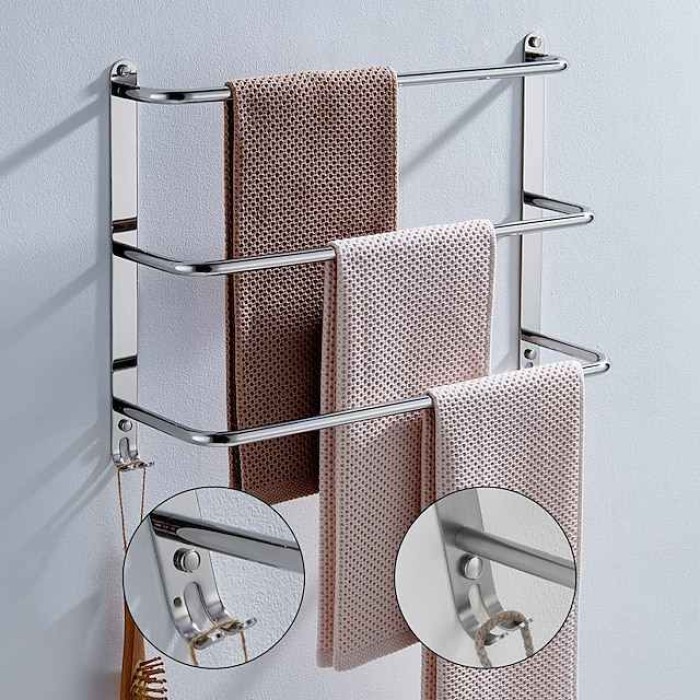 Bathroom Three-layer Shelf with Hooks Stainless Steel Multi-function Towel Rack Polished Silver and Brushed 1pc