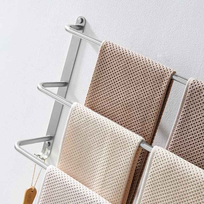 Bathroom Three-layer Shelf with Hooks Stainless Steel Multi-function Towel Rack Polished Silver and Brushed 1pc