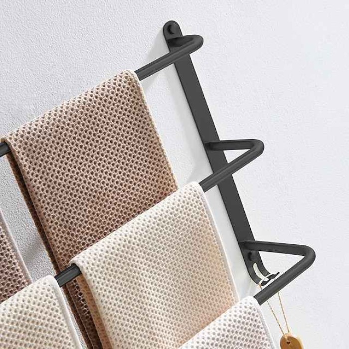 Bathroom Three-layer Shelf with Hooks Stainless Steel Multi-function Towel Rack Matte Black and Golden 1pc