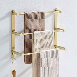 Bathroom Three-layer Shelf with Hooks Stainless Steel Multi-function Towel Rack Wall Mounted Matte Gold and Brushed 1pc