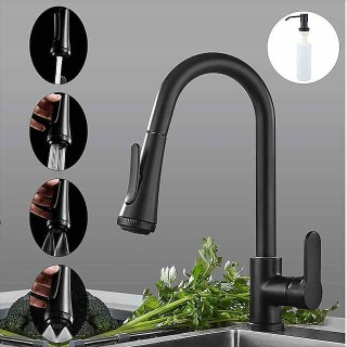 Kitchen Faucet with Sprayer,Matte Black Brass 4-Function Single Handle One Hole Button Design Pull-out / Pull-down Centerset Contemporary Kitchen Taps(with Soap Dispenser)