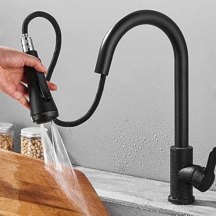 Kitchen Faucet with Sprayer,Matte Black Brass 4-Function Single Handle One Hole Button Design Pull-out / Pull-down Centerset Contemporary Kitchen Taps(with Soap Dispenser)