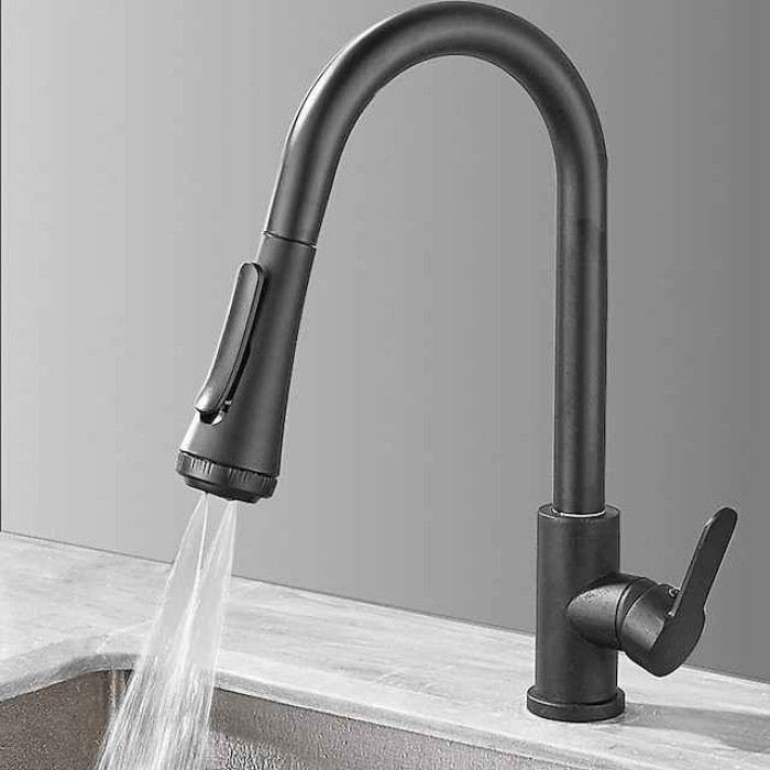 Kitchen Faucet with Sprayer,Matte Black Brass 4-Function Single Handle One Hole Button Design Pull-out / Pull-down Centerset Contemporary Kitchen Taps(with Soap Dispenser)