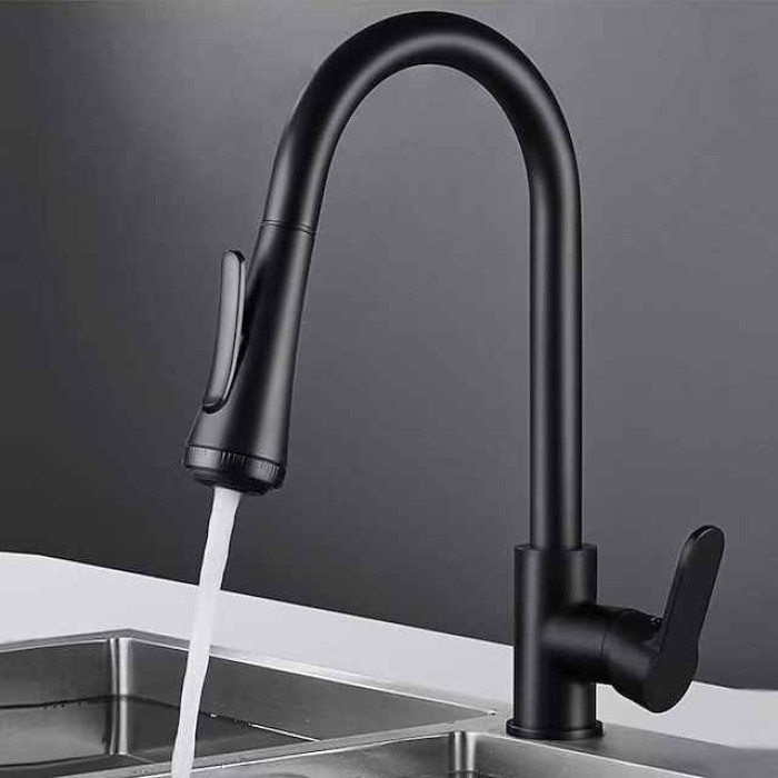 Kitchen Faucet with Sprayer,Matte Black Brass 4-Function Single Handle One Hole Button Design Pull-out / Pull-down Centerset Contemporary Kitchen Taps(with Soap Dispenser)