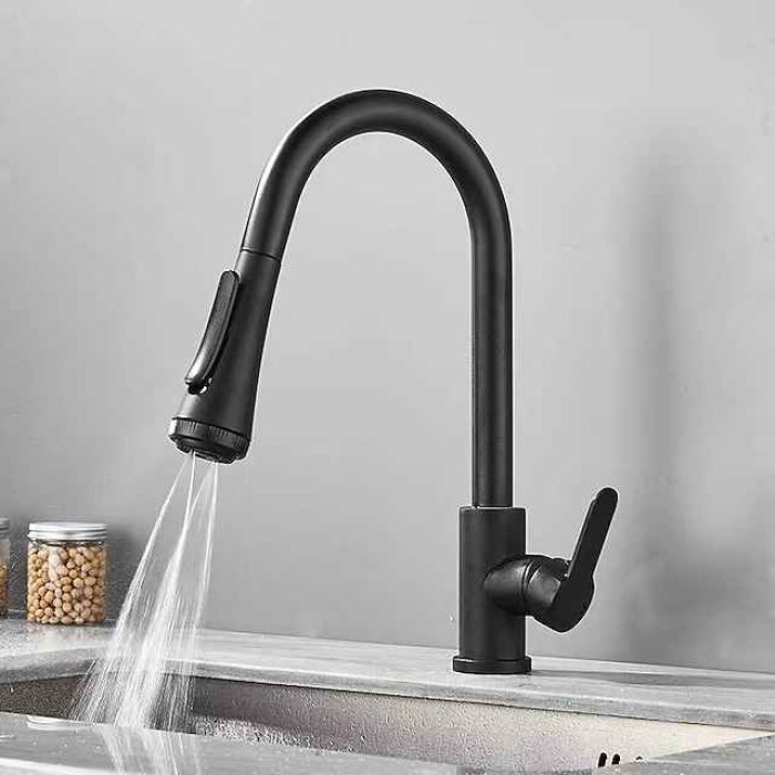 Kitchen Faucet with Sprayer,Matte Black Brass 4-Function Single Handle One Hole Button Design Pull-out / Pull-down Centerset Contemporary Kitchen Taps(with Soap Dispenser)