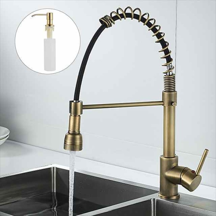 Kitchen Faucet,Brass Pull-out/Pull-down Rotatable Single Handle One Hole Multi-function Water Mode Brass Kitchen Taps with Soap Dispenser