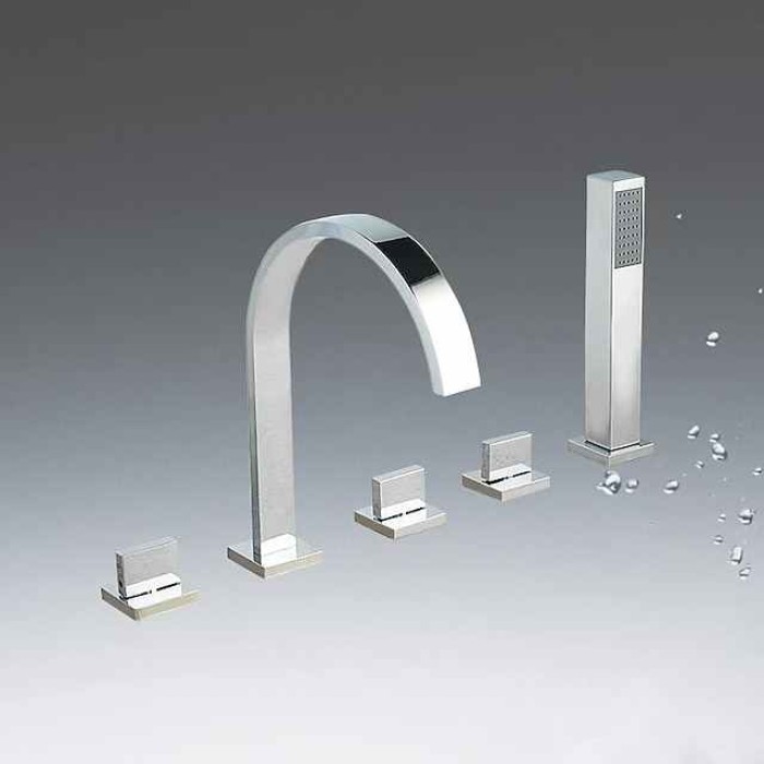 Bathtub Faucet Multi-hole Deck Mounted with Heldhand Showerhand, Bath Tub Filler Mixer Brass Taps 5 Hole 3 Handle Chrome