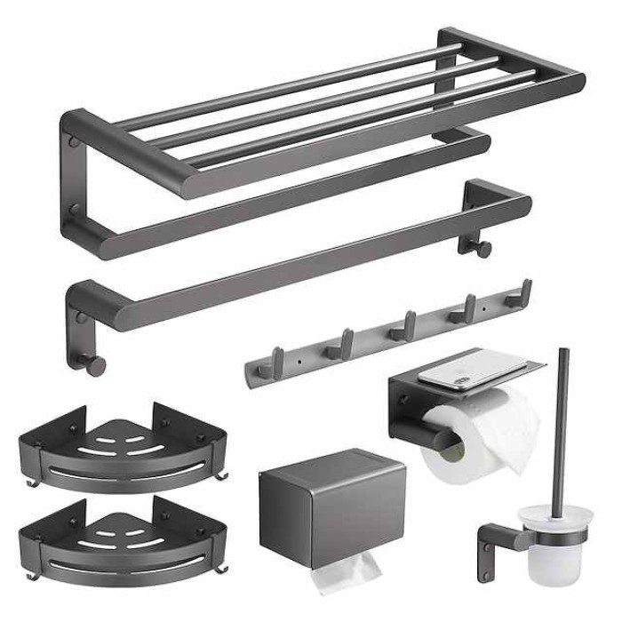 Bathroom Accessory Set,Bathroom Hardware Space Aluminium Wall Mounted Gun GreyTowel Rack /Corner Shelf/Robe Hook/Toilet Paper Holder/Towel Bar/Toilet Brush Holder