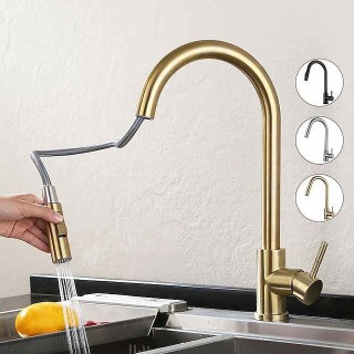 Kitchen Sink Mixer Faucet Stainless Steel with Pull Out Sprayer, 360° Rotatable Multi-function Pull Down Single Handle Kitchen Vessel Tap Brushed Gold Finish