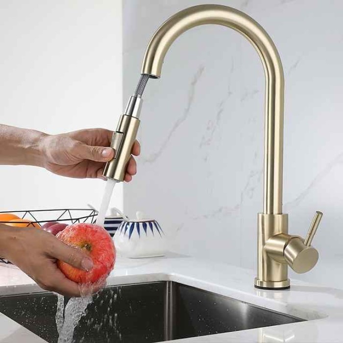 Kitchen Sink Mixer Faucet Stainless Steel with Pull Out Sprayer, 360° Rotatable Multi-function Pull Down Single Handle Kitchen Vessel Tap Brushed Gold Finish