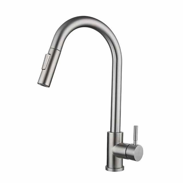 Kitchen Sink Mixer Faucet Stainless Steel with Pull Out Sprayer, 360° Rotatable Multi-function Pull Down Single Handle Kitchen Vessel Tap Brushed Gold Finish