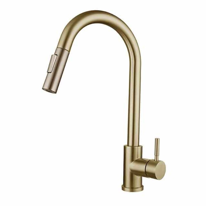 Kitchen Sink Mixer Faucet Stainless Steel with Pull Out Sprayer, 360° Rotatable Multi-function Pull Down Single Handle Kitchen Vessel Tap Brushed Gold Finish