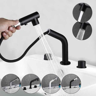 Widespread Bathroom Sink Mixer Faucet Pull Out 2 Mode Spout Sprayer, 360° Rotatable Washroom Basin Tap Brass Deck Mounted, with Hot and Cold Water Vessel Tap