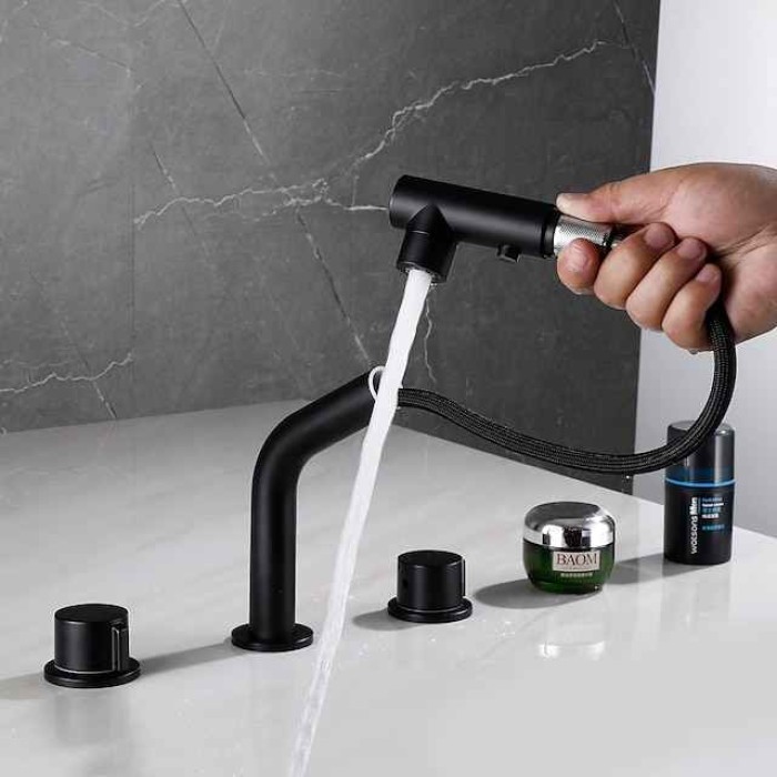 Widespread Bathroom Sink Mixer Faucet Pull Out 2 Mode Spout Sprayer, 360° Rotatable Washroom Basin Tap Brass Deck Mounted, with Hot and Cold Water Vessel Tap