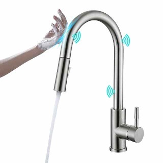 Touchless Sensor Kitchen Sink Faucet Stainless Steel with Pull Out Sprayer, Touch On Single Handle Kitchen Vessel Tap with Pull Down 2 Modes Spray Fingerprint Resistant Brushed Deck Mounted