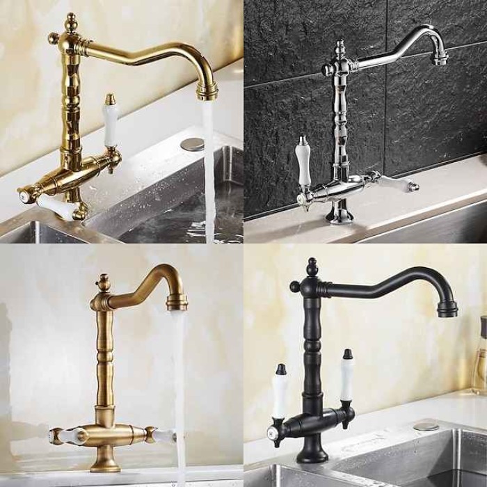 Traditional Kitchen Sink Mixer Faucet, Retro Style Vessel Kitchen Taps Dual Handles One Hole Rotatable Chrome/Brass/Brushed Standard Spout