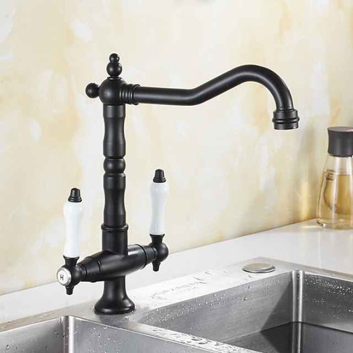 Traditional Kitchen Sink Mixer Faucet, Retro Style Vessel Kitchen Taps Dual Handles One Hole Rotatable Chrome/Brass/Brushed Standard Spout