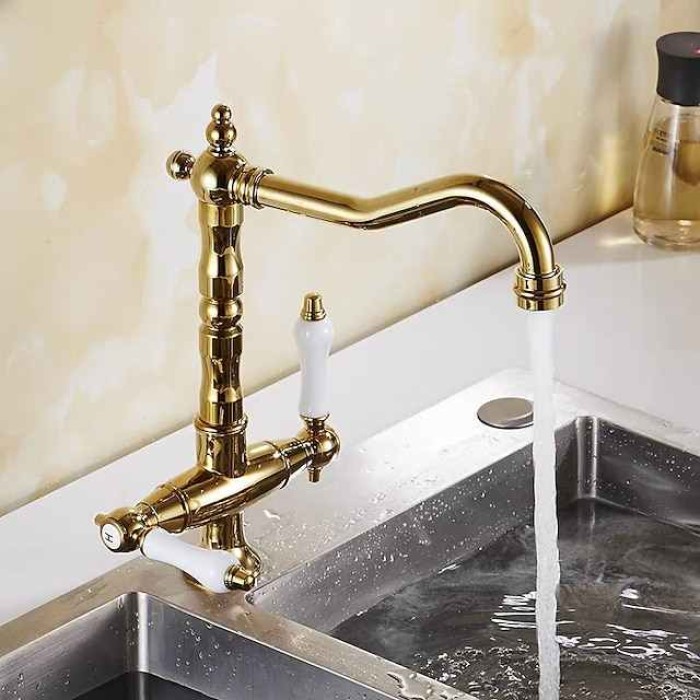 Traditional Kitchen Sink Mixer Faucet, Retro Style Vessel Kitchen Taps Dual Handles One Hole Rotatable Chrome/Brass/Brushed Standard Spout