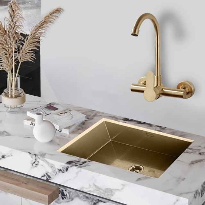 Kitchen faucet - Single Handle Two Holes Brushed Gold Tall /High Arc Wall Mounted Contemporary Kitchen Taps