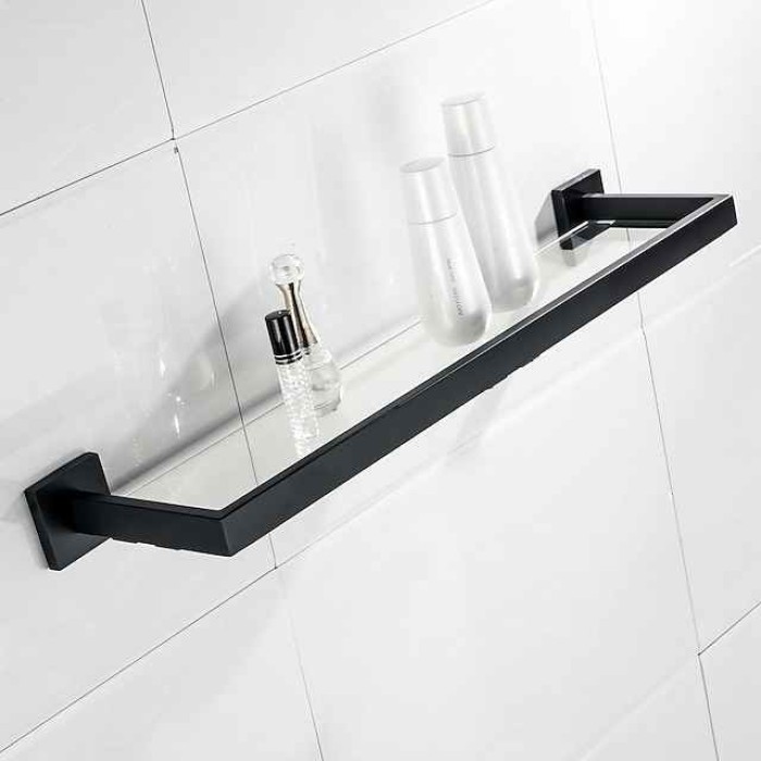 Bathroom Shelves Bathroom Tempered Glass Shelf, Sainless Steel Shower Wall Shelves No Drilling Towel Racks Rectangular 1 Tier Wall Mounted Mirror Front Shelf