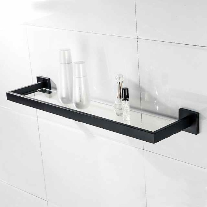 Bathroom Shelves Bathroom Tempered Glass Shelf, Sainless Steel Shower Wall Shelves No Drilling Towel Racks Rectangular 1 Tier Wall Mounted Mirror Front Shelf