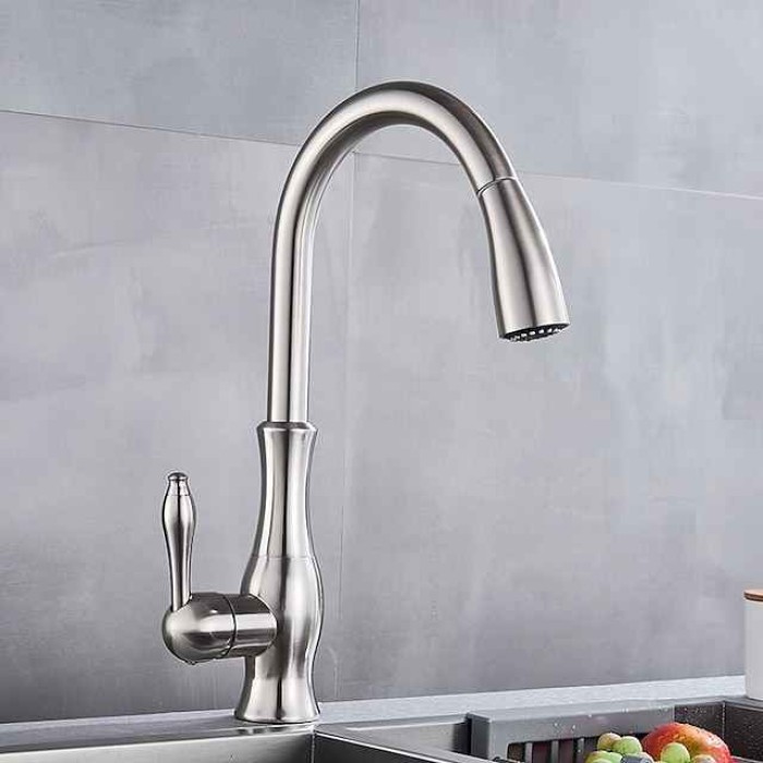 Kitchen Faucet with Pull-out Spray,Brass 2-modes Single Handle One Hole Modern Style Kitchen Taps with Hot and Cold Switch