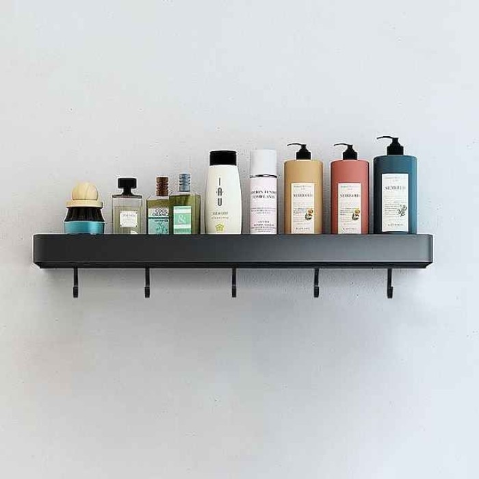 Bathroom Shelves Wall Mounted Black Storage Organizer Rack Bathroom Kitchen Bathroom Hardware Pendant Bathroom Shelf Space Aluminum Shower Rack Corner Shelf Square Bath Shower Shelf