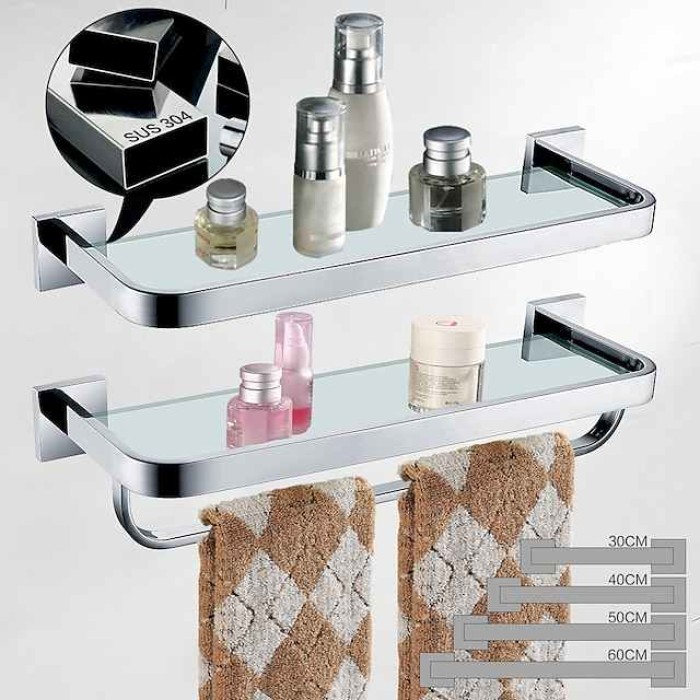 8mm Tempered Glass Toilet Shelf Bathroom Cosmetics Toiletries Storage Layer Shelf Thickened 304 Stainless Steel Mirror Bright Light Color, Various Specifications Are Available