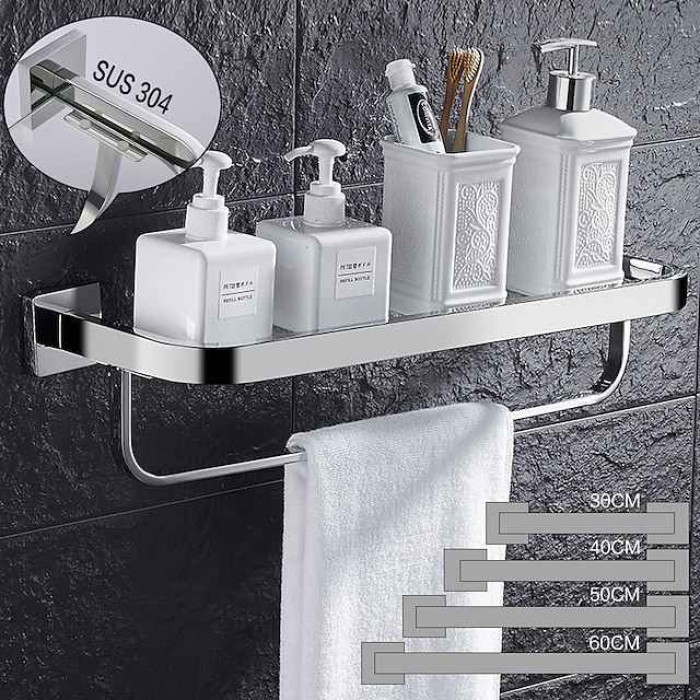 Modern Bath Multifunctional Storage Rack With Towel Bar Stainless Steel Thickened Towel Rack Bathroom Tempered Glass Cosmetics Bathroom Supplies Storage Rack