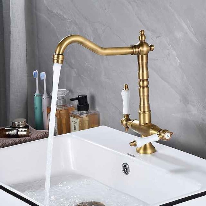 Kitchen Faucet,Two Handles One Hole Antique Brass / Electroplated / Painted Finishes Standard Spout Centerset Antique Kitchen Taps