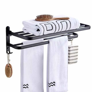 Towel Rack Punch-Free Shower Holder Bathroom Accessories Folding Wall Organizer Hook Hanger Matte Black Aluminum Storage Shelf