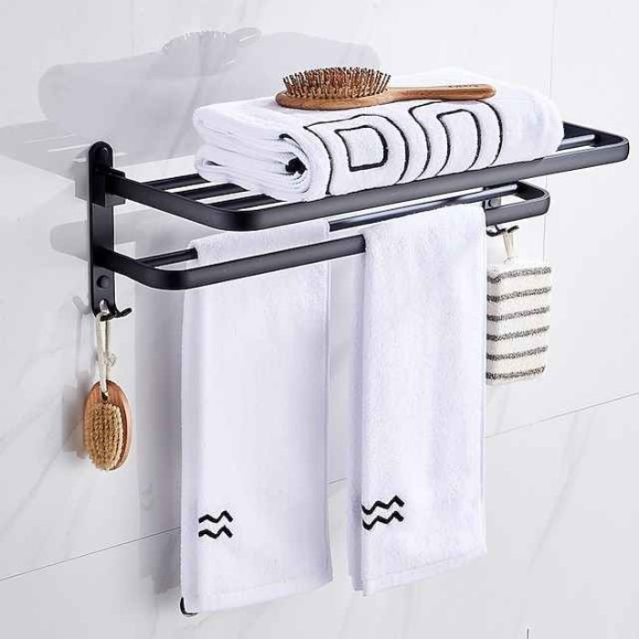 Towel Rack Punch-Free Shower Holder Bathroom Accessories Folding Wall Organizer Hook Hanger Matte Black Aluminum Storage Shelf