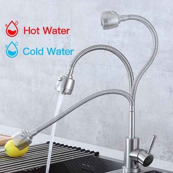 304 Stainless Steel Cold and Hot Water Kitchen Faucet Kitchen Mixers Kitchen Sink Tap 360 Degree Swivel Flexible Hose Basin Faucet