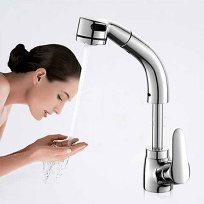 Matte Black Bathroom Basin Faucet Pull Out Spout Rotatable Liftable Body Deck Mounted Hot and Cold Water Mixer Tap