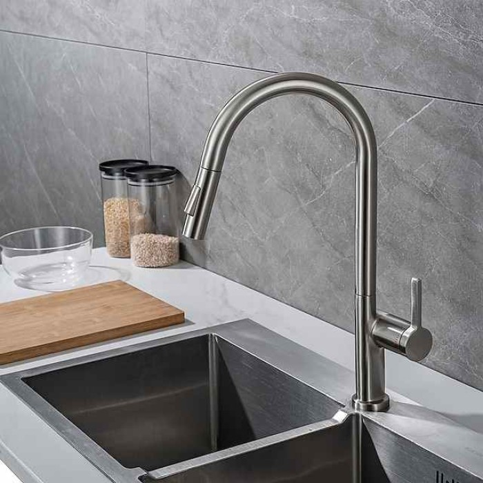 Kitchen Faucet with Pull-out Spray,Single Handle One Hole Brass High Arc 2-modes 360°Rotatable Modern Contemporary Kitchen Taps