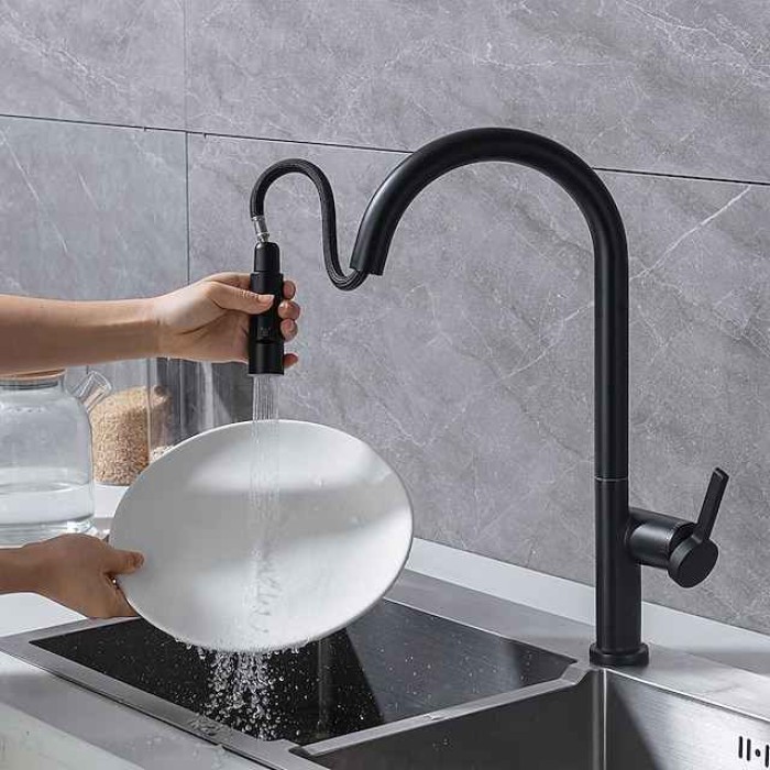 Kitchen Faucet with Pull-out Spray,Single Handle One Hole Brass High Arc 2-modes 360°Rotatable Modern Contemporary Kitchen Taps