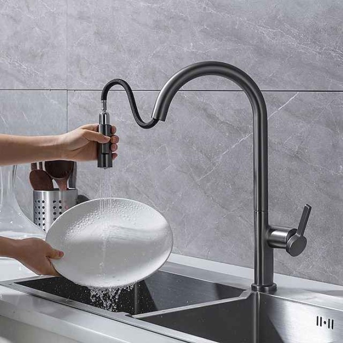 Kitchen Faucet with Pull-out Spray,Single Handle One Hole Brass High Arc 2-modes 360°Rotatable Modern Contemporary Kitchen Taps