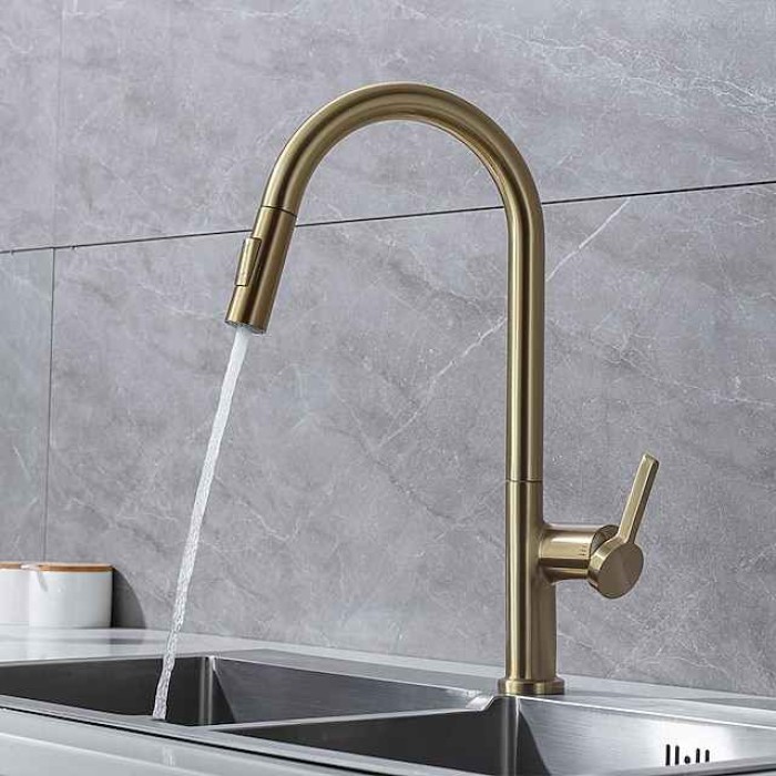 Kitchen Faucet with Pull-out Spray,Single Handle One Hole Brass High Arc 2-modes 360°Rotatable Modern Contemporary Kitchen Taps