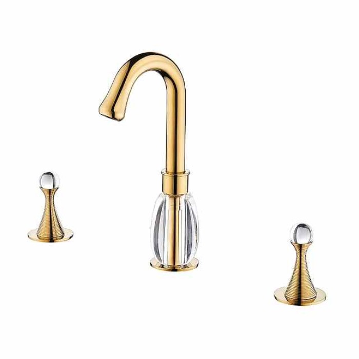 Gold Two Handle High Arc Widespread Bathroom Sink Faucet 3 Hole with Solid Brass Body Widespread Bathroom Faucet