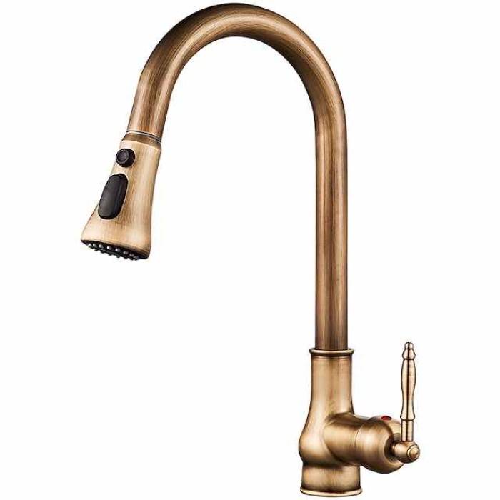 Kitchen Faucet with Sprayer,Antique Brass Pull-out 3-Function Outlet Mode Single Handle One Hole Sink Kitchen Taps with Soap Dispenser or Drain