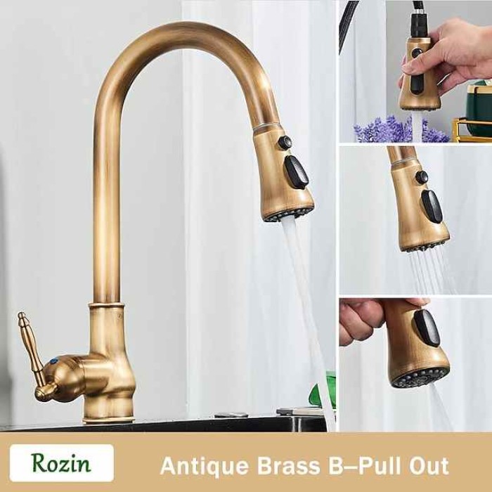 Kitchen Faucet with Sprayer,Antique Brass Pull-out 3-Function Outlet Mode Single Handle One Hole Sink Kitchen Taps with Soap Dispenser or Drain