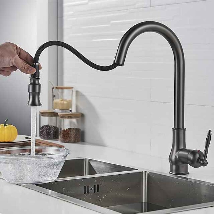 Kitchen Sink Mixer Faucet with Pull Out Sprayer Grey, 360 Swivel Single Handle Spring Kitchen Taps Deck Mounted, One Hole Brass Kitchen Sink Faucet Water Vessel Taps