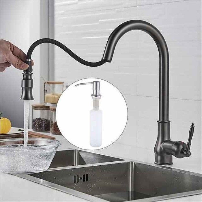 Kitchen Sink Mixer Faucet with Pull Out Sprayer Grey, 360 Swivel Single Handle Spring Kitchen Taps Deck Mounted, One Hole Brass Kitchen Sink Faucet Water Vessel Taps