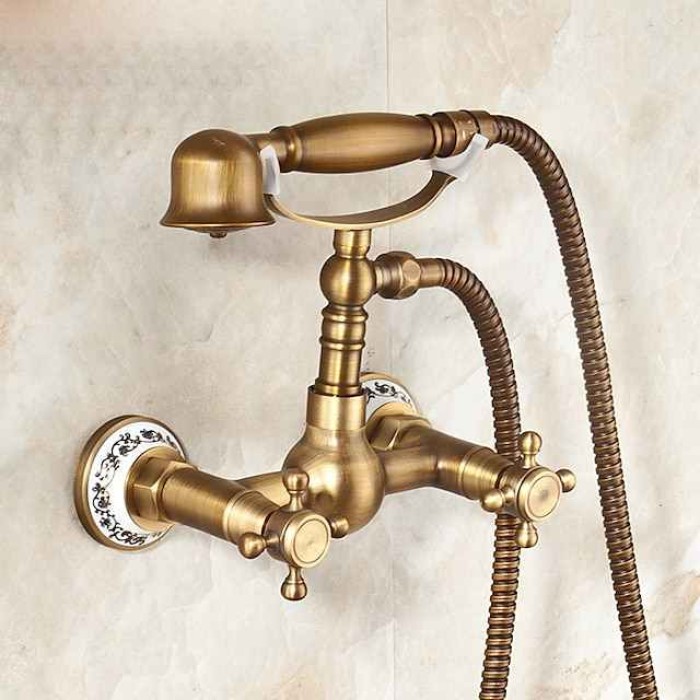 Shower Faucet / Body Jet Massage Set - Handshower Included pullout Rainfall Shower Antique / Vintage Style Antique Brass Mount Inside Brass Valve Bath Shower Mixer Taps