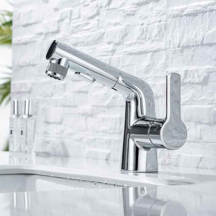 Pull Out Bathroom Sink Mixer Faucet, 360 swivel Pull Down Sprayer Basin Tap Brass, 2 Water Flow Modes with Rotating Spout, Single Handle Washroom Water Tap with Cold Hot Hose