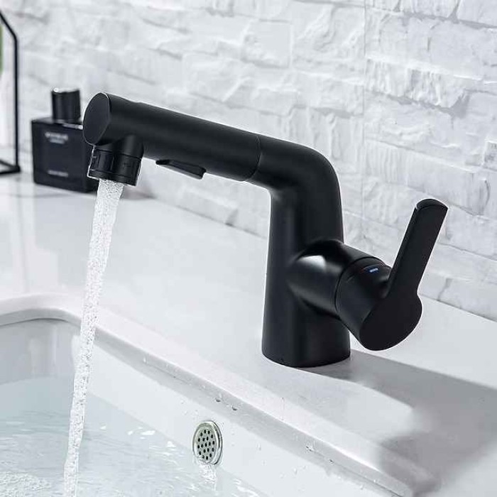 Pull Out Bathroom Sink Mixer Faucet, 360 swivel Pull Down Sprayer Basin Tap Brass, 2 Water Flow Modes with Rotating Spout, Single Handle Washroom Water Tap with Cold Hot Hose