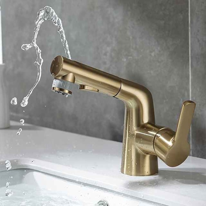 Pull Out Bathroom Sink Mixer Faucet, 360 swivel Pull Down Sprayer Basin Tap Brass, 2 Water Flow Modes with Rotating Spout, Single Handle Washroom Water Tap with Cold Hot Hose