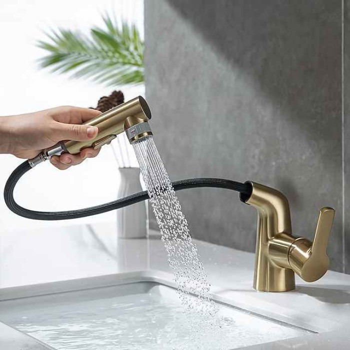 Pull Out Bathroom Sink Mixer Faucet, 360 swivel Pull Down Sprayer Basin Tap Brass, 2 Water Flow Modes with Rotating Spout, Single Handle Washroom Water Tap with Cold Hot Hose