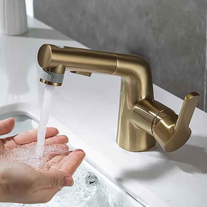 Pull Out Bathroom Sink Mixer Faucet, 360 swivel Pull Down Sprayer Basin Tap Brass, 2 Water Flow Modes with Rotating Spout, Single Handle Washroom Water Tap with Cold Hot Hose